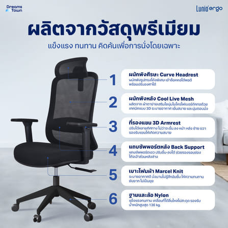 เก้าอี้ทำงานเพื่อสุขภาพ LUNIO ERGO STARLIGHT BLACK GRAPHITE สีดำ_1